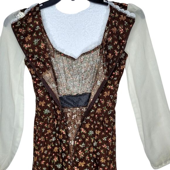 Vintage 70s Floral Prairie Dress Sheer Sleeves and Lace Trim Size 5 - Picture 8 of 11